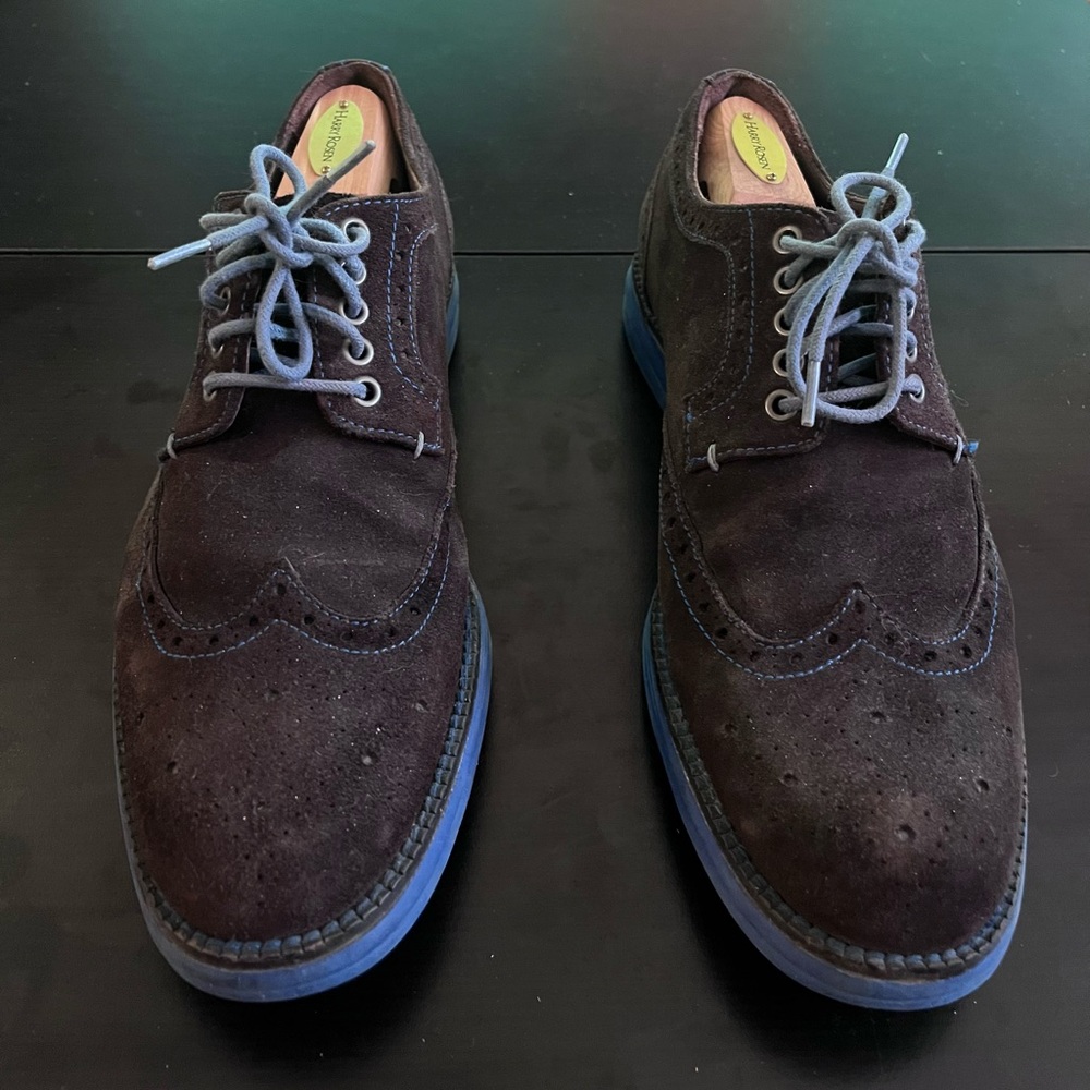 Donald J. Pliner Dark Brown Suede Oxfords with Blue Accents